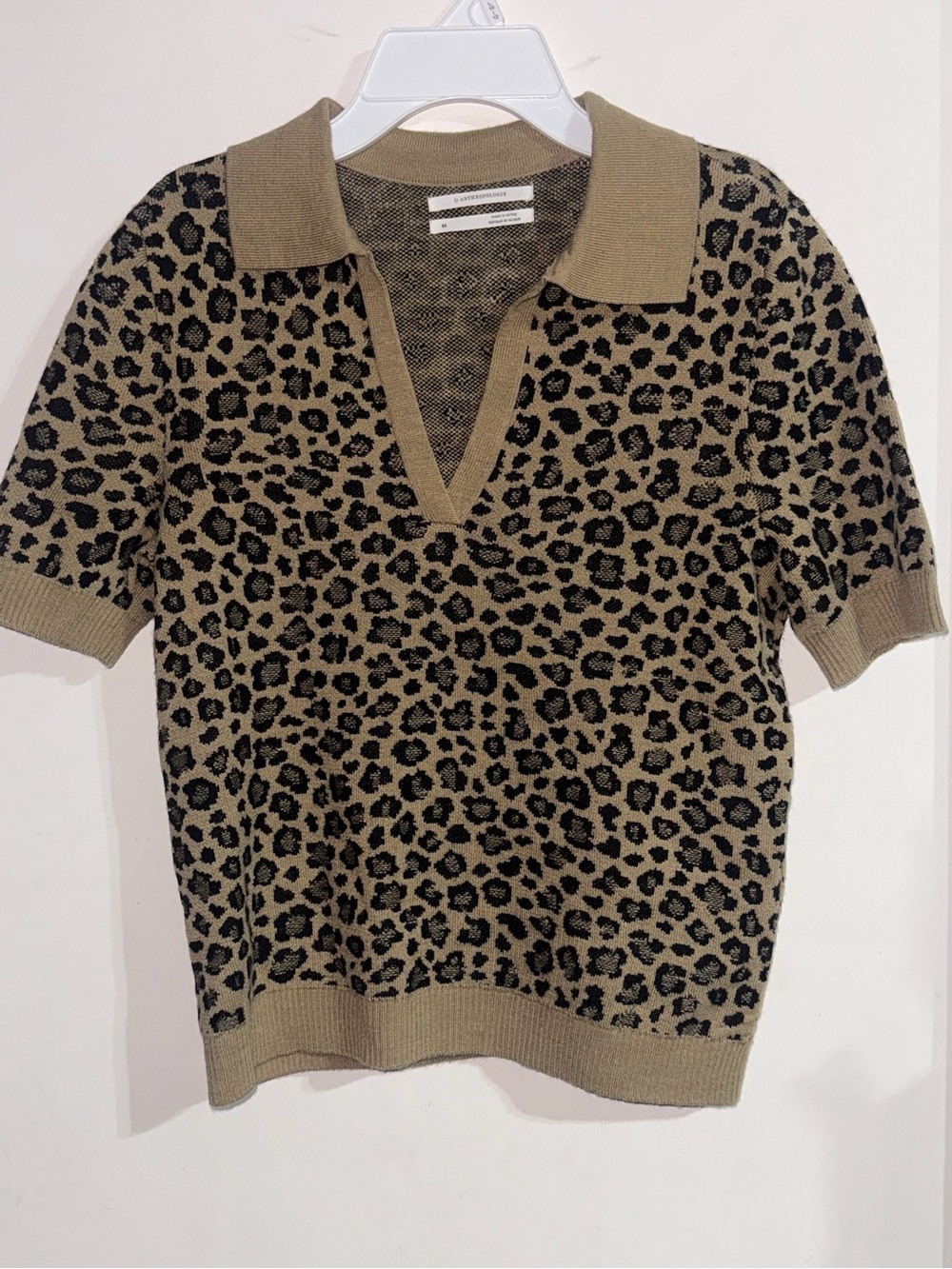 Anthropologie Beige & Black Leopard-Pattern Knit Polo